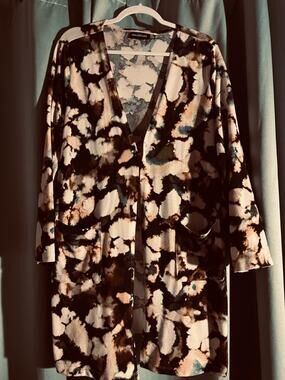 Nina Leonard Abstract Print Cardigan Sweater 
Black, Cream, Blue XL Petite